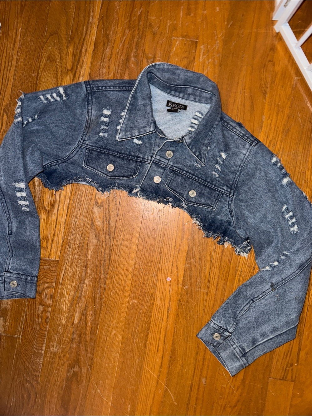 K. ROLX Distressed SUPER! Mini Cropped Denim Jacket - Washed distressed cardi b